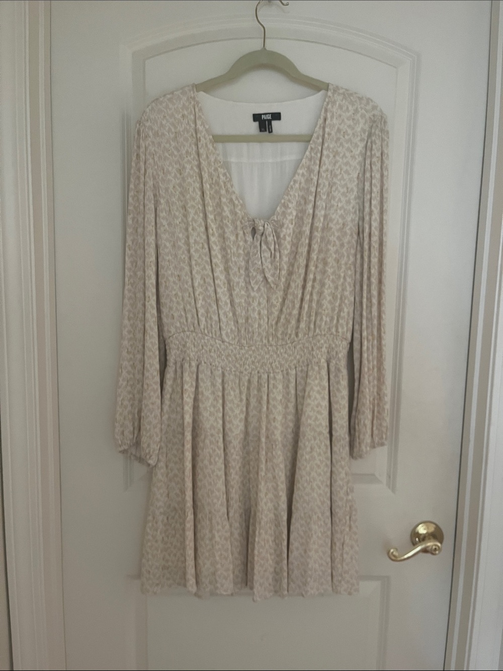 Paige Cream Printed Long-Sleeve Smocked-Waist Dress